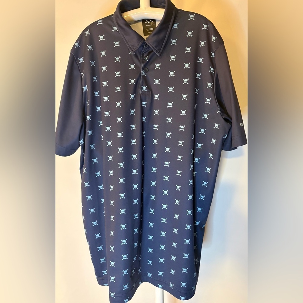 Oakley Navy Shirt with Light Blue Skull Design